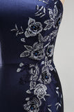 One Shoulder Mermaid Navy Floral Satin Long Mother of the Bride Dress with Slit