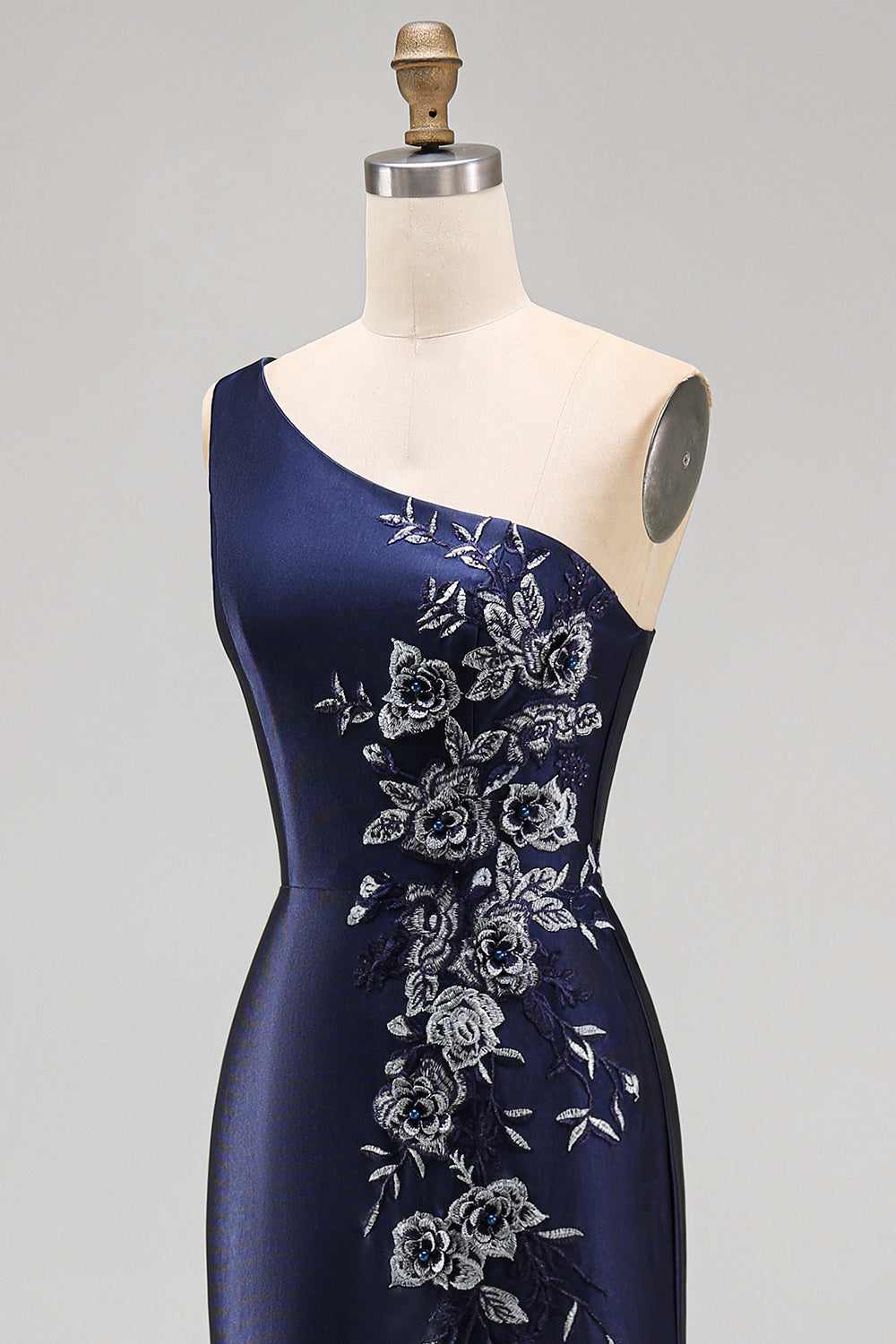 One Shoulder Mermaid Navy Floral Satin Long Mother of the Bride Dress with Slit