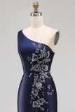 One Shoulder Mermaid Navy Floral Satin Long Mother of the Bride Dress with Slit