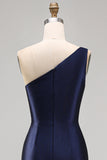 One Shoulder Mermaid Navy Floral Satin Long Mother of the Bride Dress with Slit