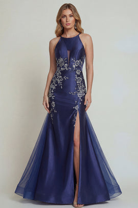 Navy Floral Satin Halter Mermaid Long Mother of the Bride Dress with Slit