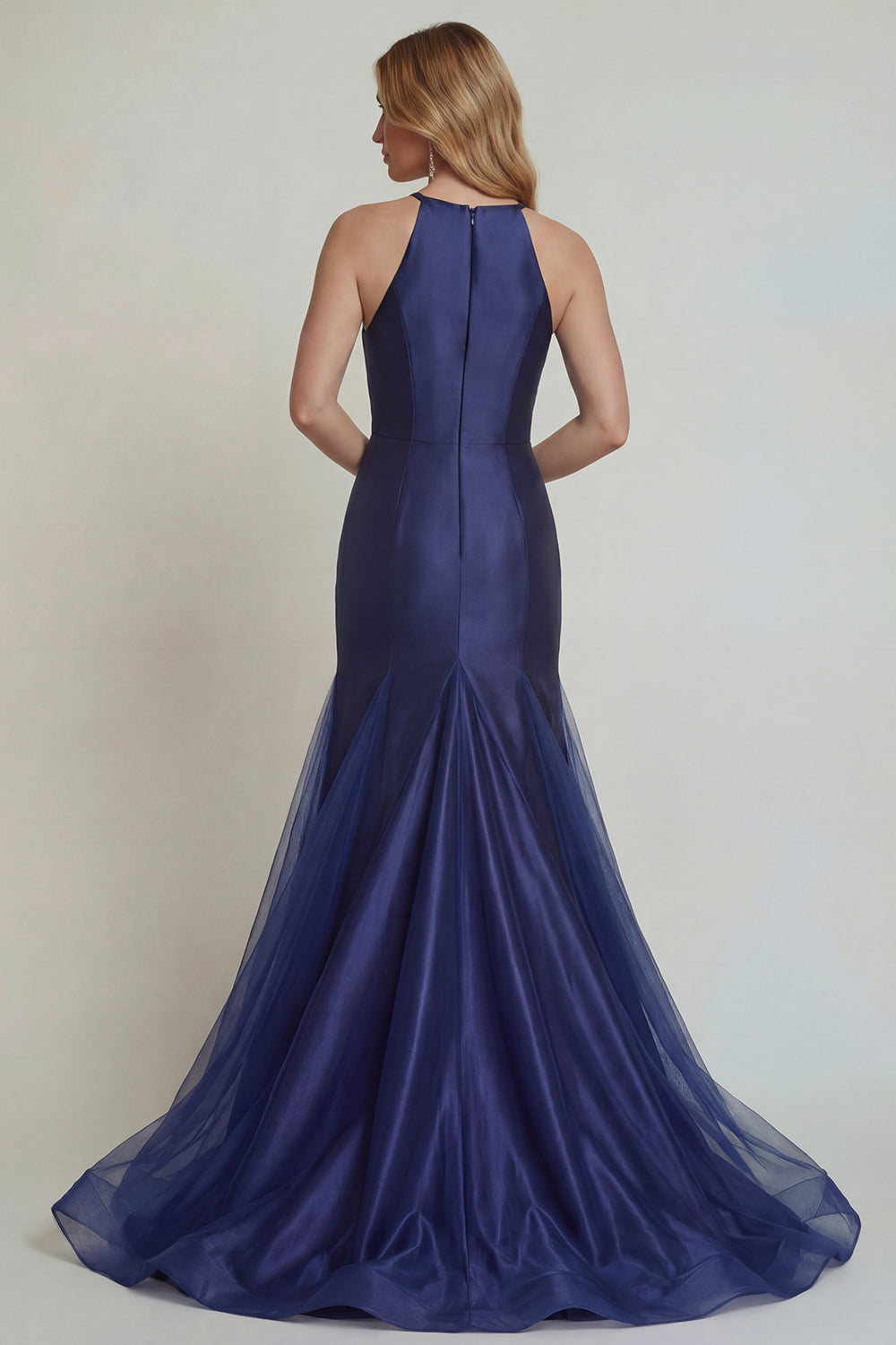 Navy Floral Satin Halter Mermaid Long Mother of the Bride Dress with Slit