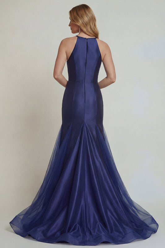 Navy Floral Satin Halter Mermaid Long Mother of the Bride Dress with Slit
