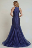 Navy Floral Satin Halter Mermaid Long Mother of the Bride Dress with Slit