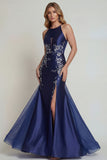 Navy Floral Satin Halter Mermaid Long Mother of the Bride Dress with Slit
