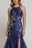 Navy Floral Satin Halter Mermaid Long Mother of the Bride Dress with Slit