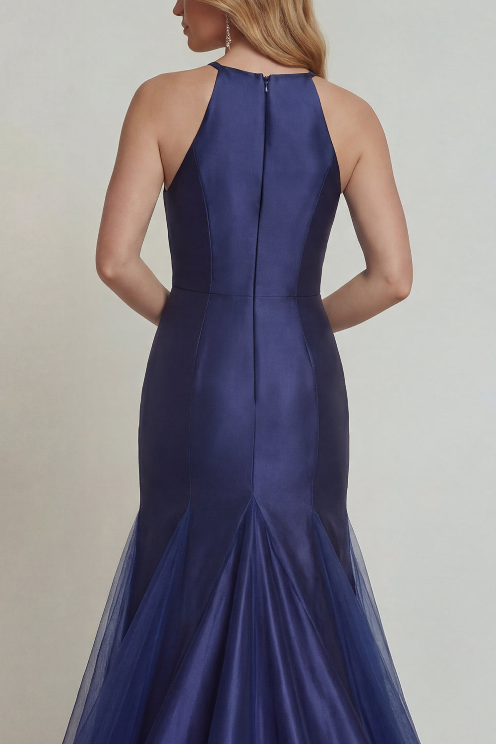 Navy Floral Satin Halter Mermaid Long Mother of the Bride Dress with Slit
