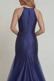 Navy Floral Satin Halter Mermaid Long Mother of the Bride Dress with Slit