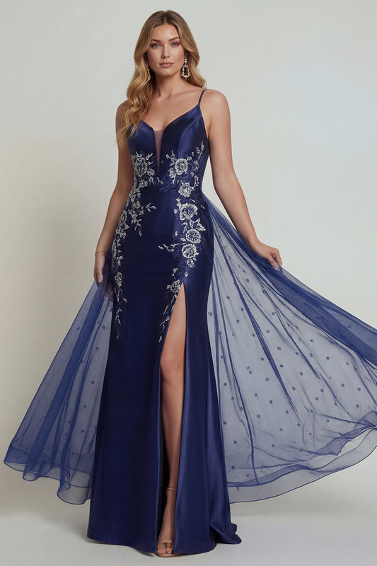 Navy Floral Satin Mermaid Long Mother of the Bride Dress with Cape