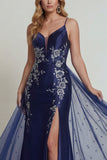 Navy Floral Satin Mermaid Long Mother of the Bride Dress with Cape