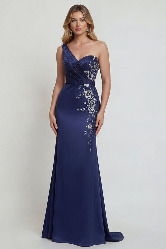 Mermaid One Shoulder Navy Floral Satin Long Mother of the Bride Dress