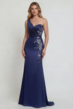 Mermaid One Shoulder Navy Floral Satin Long Mother of the Bride Dress