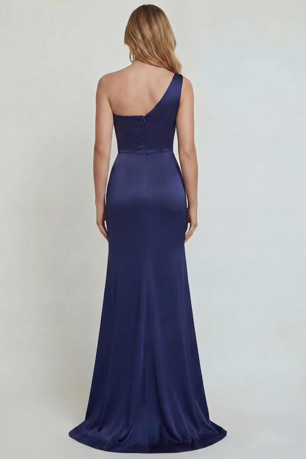 Mermaid One Shoulder Navy Floral Satin Long Mother of the Bride Dress