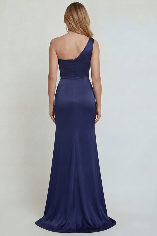 Mermaid One Shoulder Navy Floral Satin Long Mother of the Bride Dress
