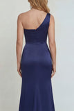 Mermaid One Shoulder Navy Floral Satin Long Mother of the Bride Dress