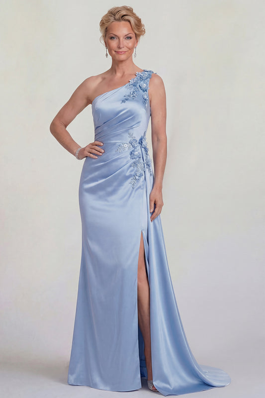 One Shoulder Mermaid Blue Floral Satin Long Mother of the Bride Dress with Side Cape