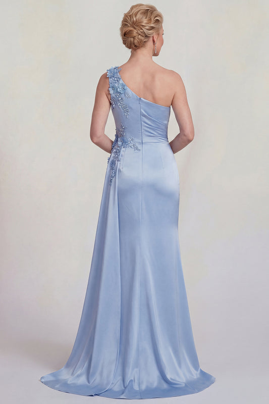 One Shoulder Mermaid Blue Floral Satin Long Mother of the Bride Dress with Side Cape