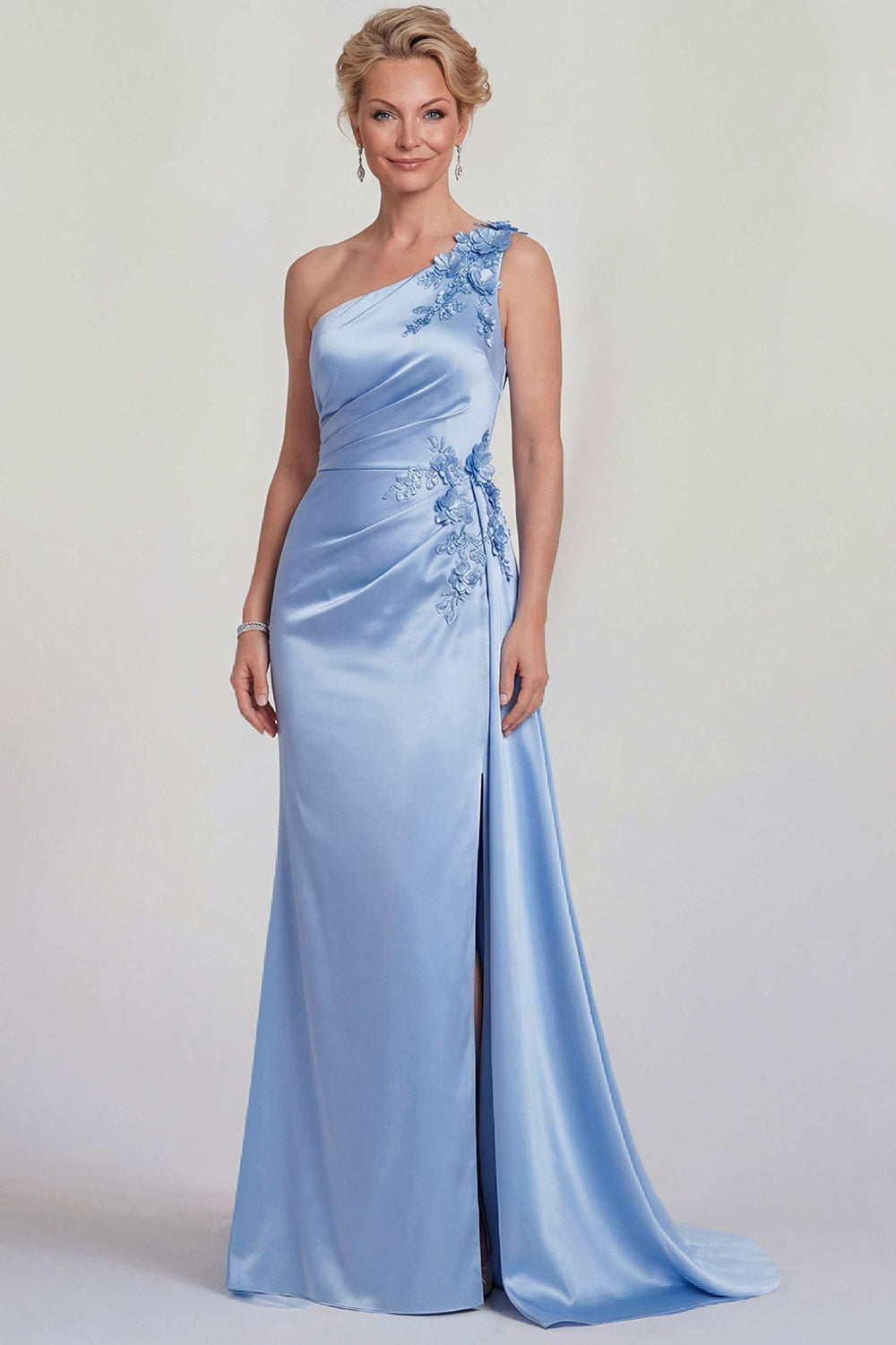 One Shoulder Mermaid Blue Floral Satin Long Mother of the Bride Dress with Side Cape
