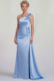 One Shoulder Mermaid Blue Floral Satin Long Mother of the Bride Dress with Side Cape