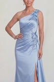 One Shoulder Mermaid Blue Floral Satin Long Mother of the Bride Dress with Side Cape