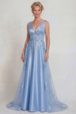 Sparkly Blue Floral Satin V-Neck A Line Long Mother of the Bride Dress