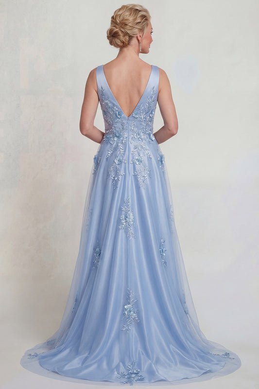 Sparkly Blue Floral Satin V-Neck A Line Long Mother of the Bride Dress