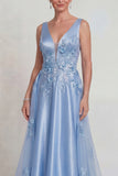 Sparkly Blue Floral Satin V-Neck A Line Long Mother of the Bride Dress