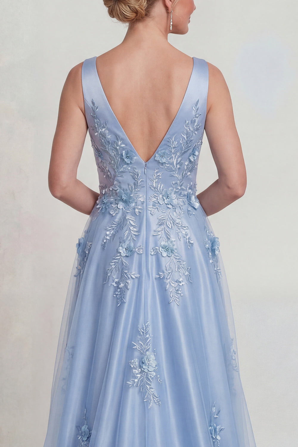 Sparkly Blue Floral Satin V-Neck A Line Long Mother of the Bride Dress