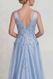 Sparkly Blue Floral Satin V-Neck A Line Long Mother of the Bride Dress
