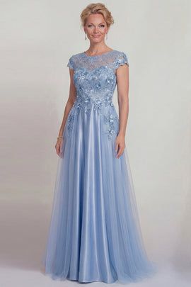 Sparkly Blue Floral Beaded A Line Long Mother of the Bride Dress with Sleeves