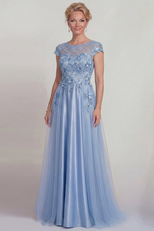 Sparkly Blue Floral Beaded A Line Long Mother of the Bride Dress with Sleeves