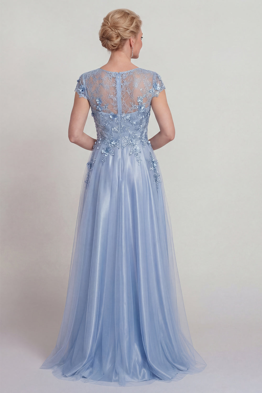 Sparkly Blue Floral Beaded A Line Long Mother of the Bride Dress with Sleeves