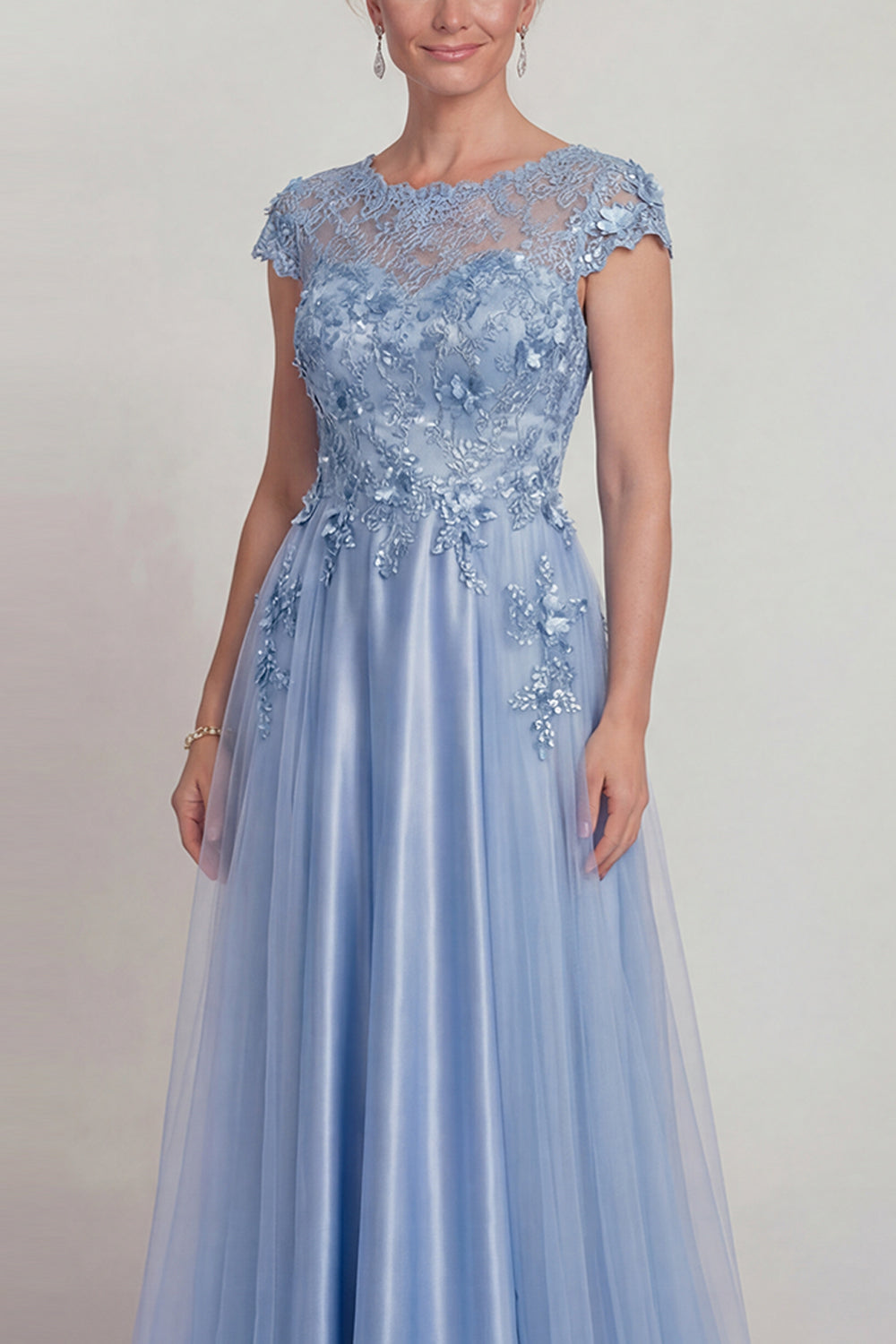 Sparkly Blue Floral Beaded A Line Long Mother of the Bride Dress with Sleeves