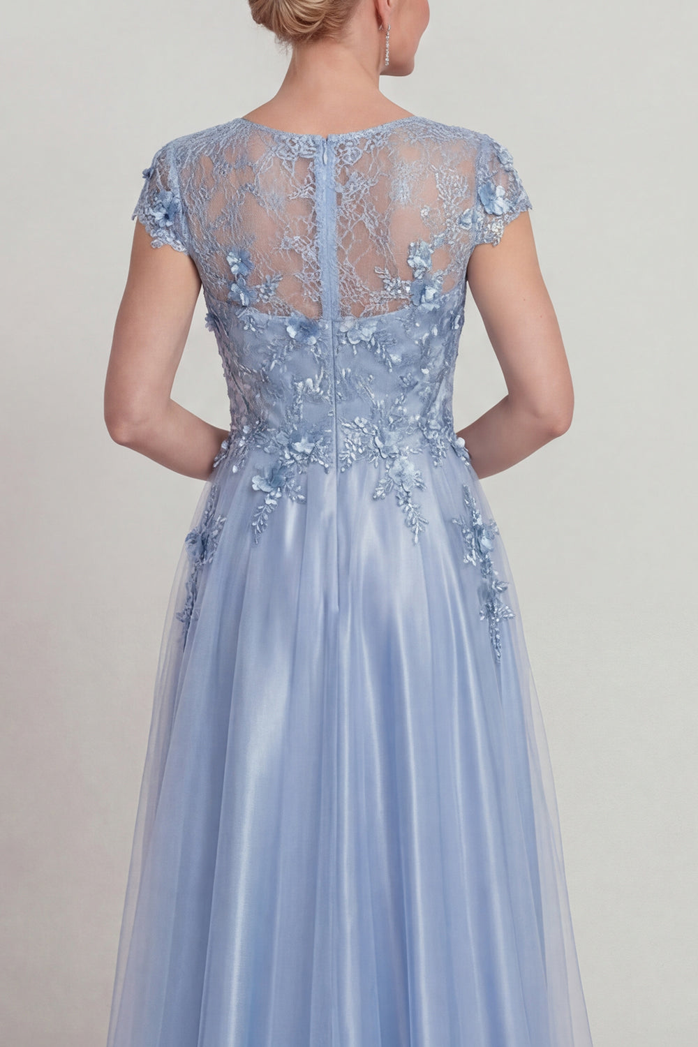 Sparkly Blue Floral Beaded A Line Long Mother of the Bride Dress with Sleeves