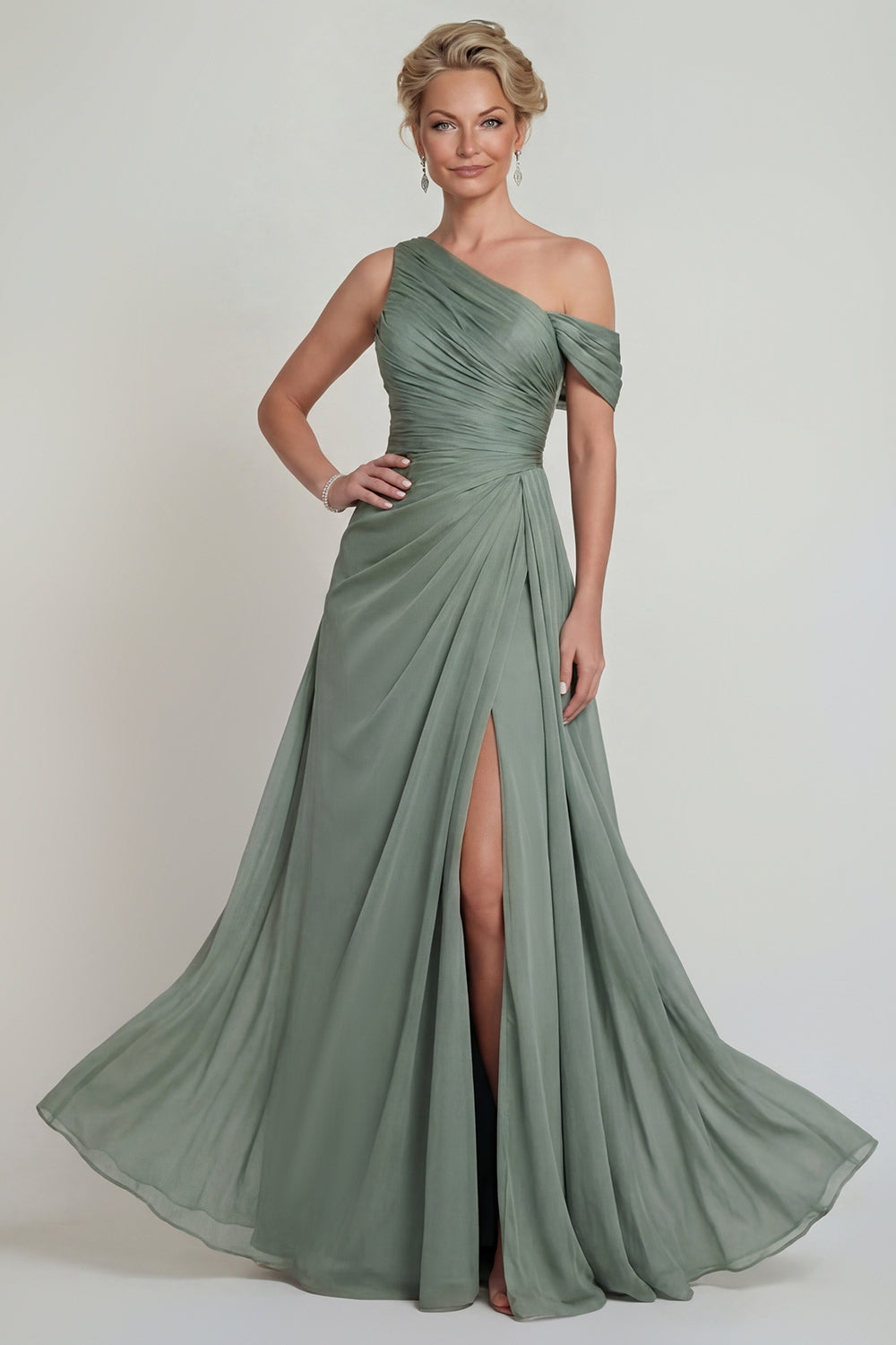 Dusty Sage Long A Line One Shoulder Mother of the Bride Dress with Slit