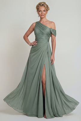 Dusty Sage Long A Line One Shoulder Mother of the Bride Dress with Slit
