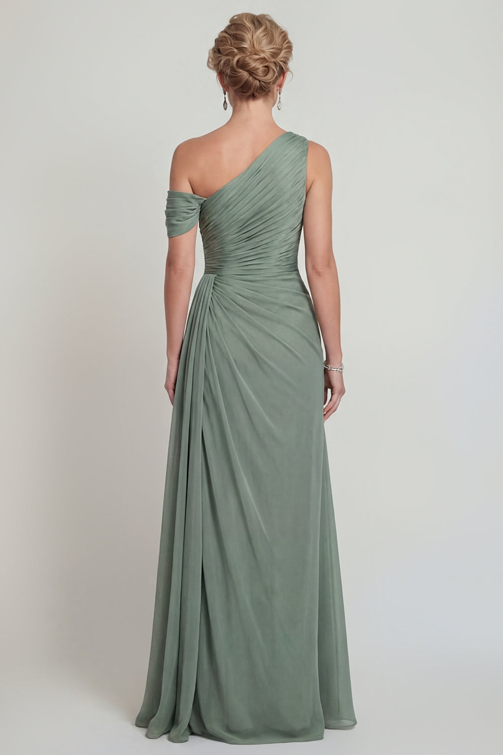 Dusty Sage Long A Line One Shoulder Mother of the Bride Dress with Slit
