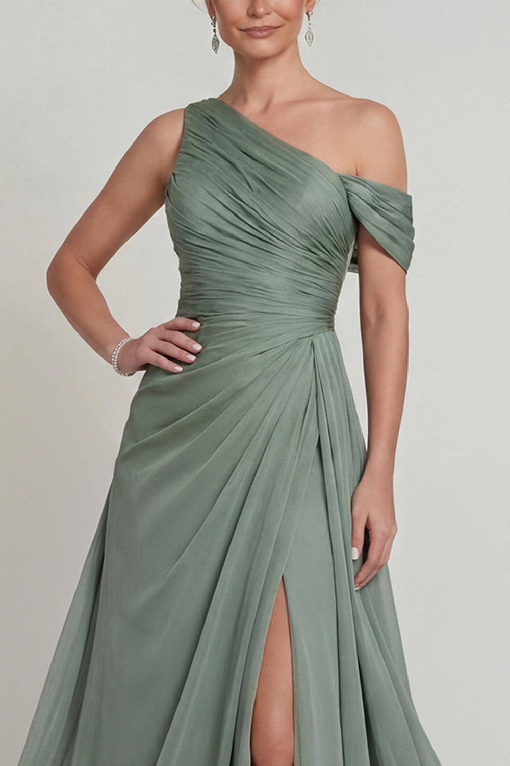 Dusty Sage Long A Line One Shoulder Mother of the Bride Dress with Slit