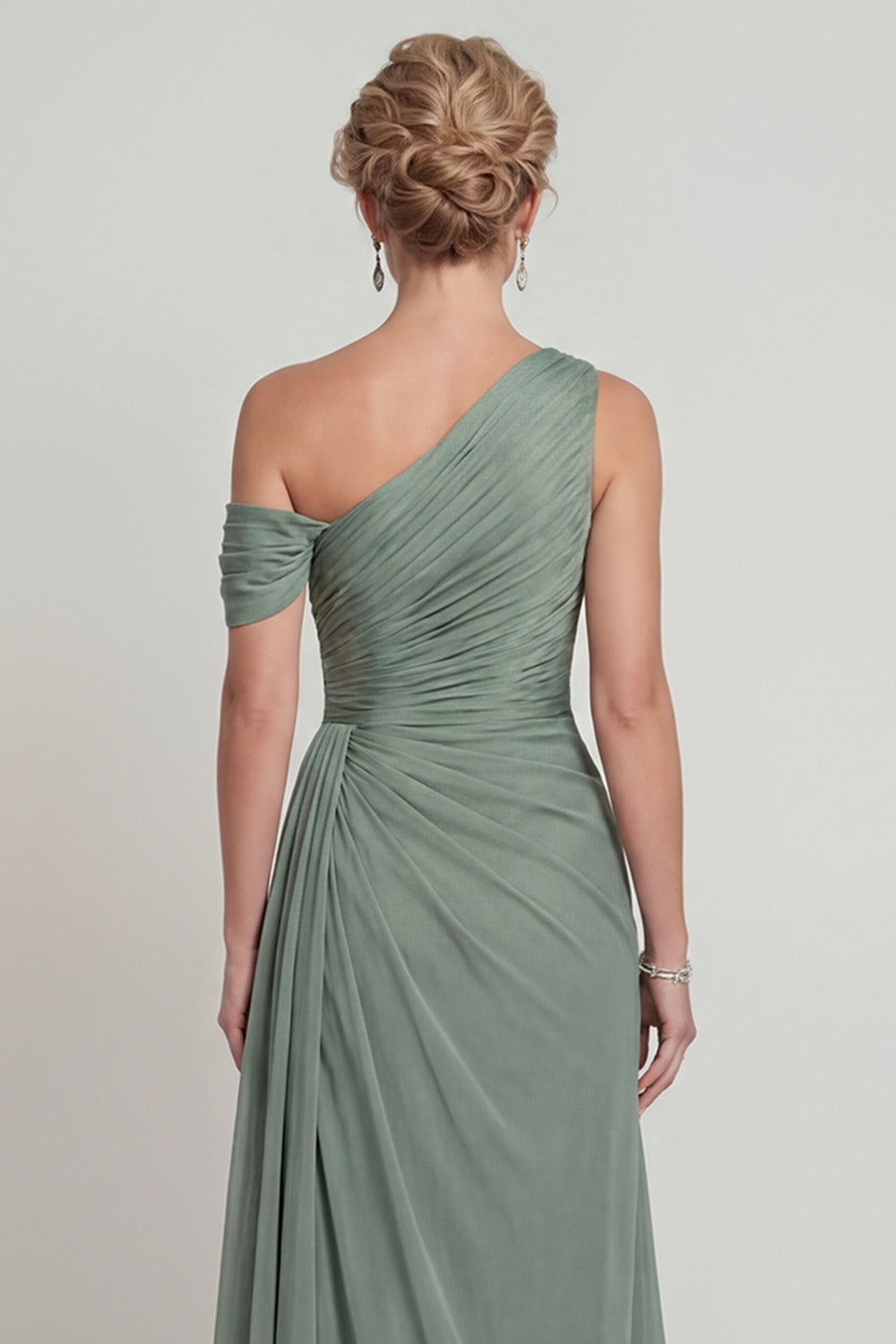 Dusty Sage Long A Line One Shoulder Mother of the Bride Dress with Slit