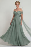 Dusty Sage Long A Line Off the Shoulder Mother of the Bride Dress