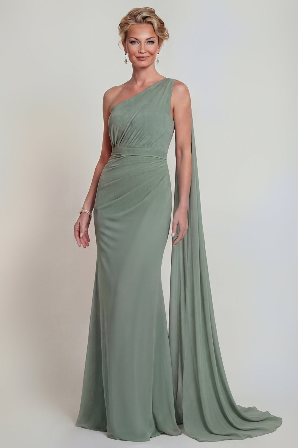 Dusty Sage Long Mermaid One Shoulder Mother of the Bride Dress