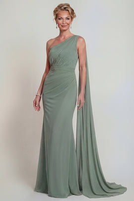 Dusty Sage Long Mermaid One Shoulder Mother of the Bride Dress