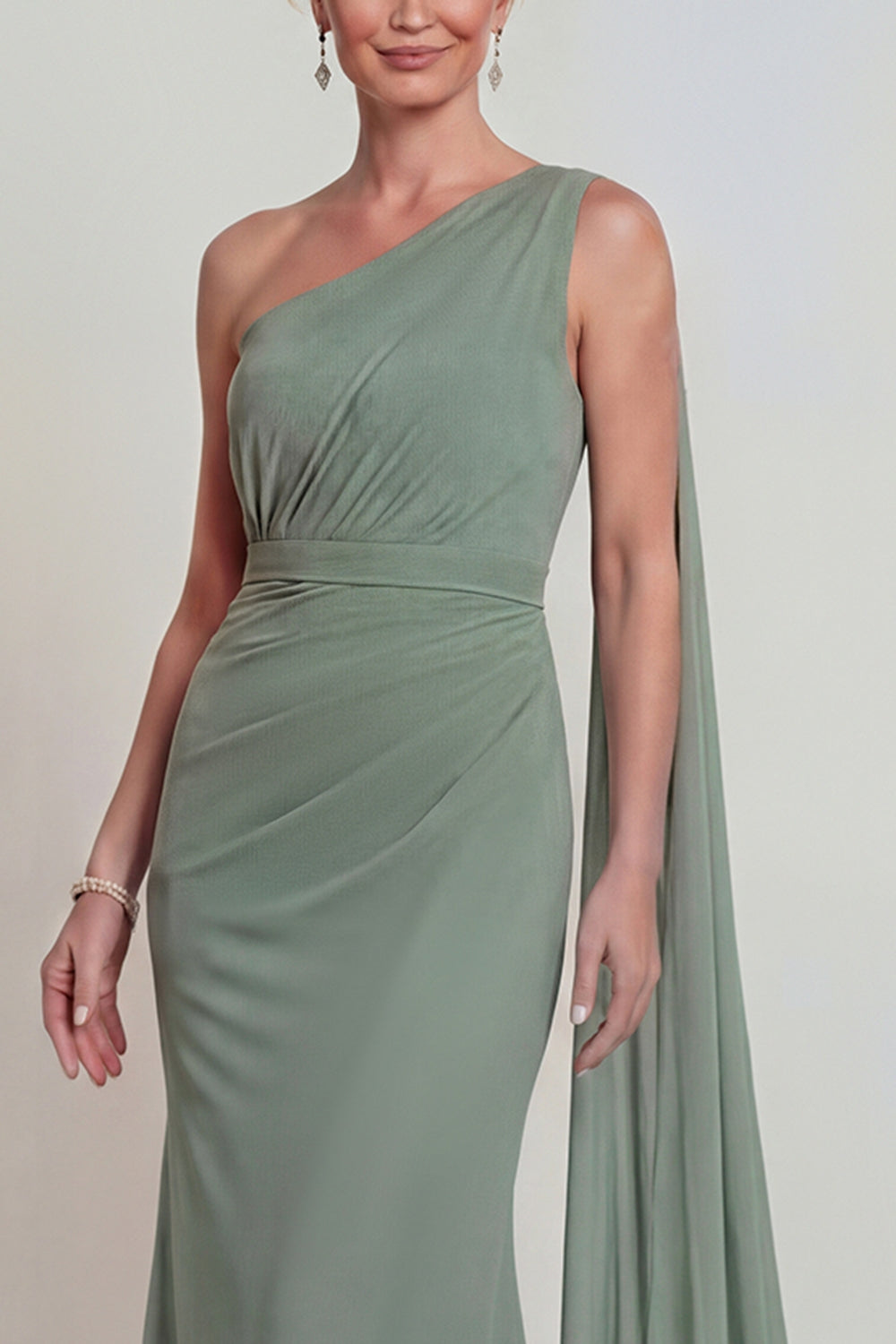 Dusty Sage Long Mermaid One Shoulder Mother of the Bride Dress
