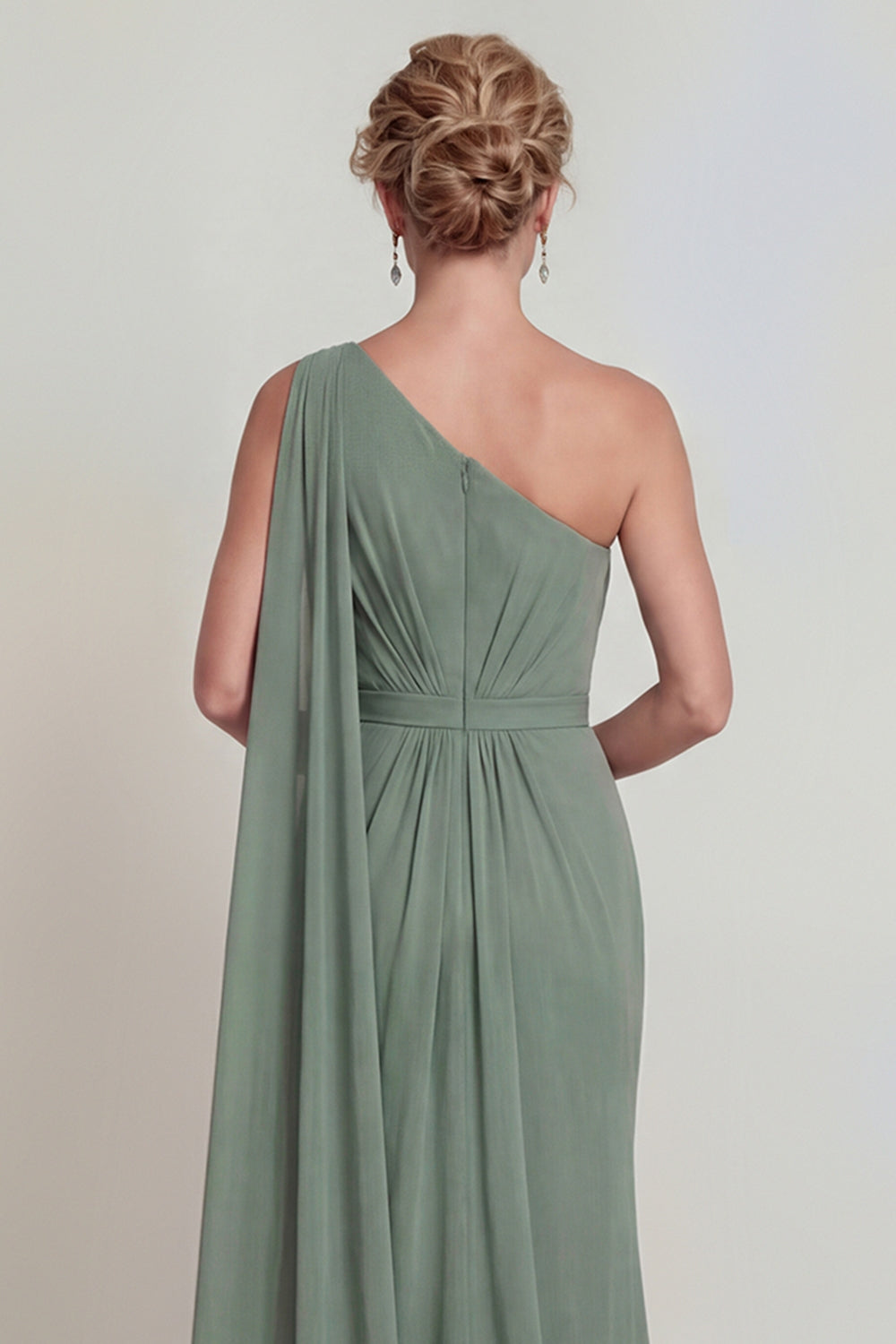 Dusty Sage Long Mermaid One Shoulder Mother of the Bride Dress