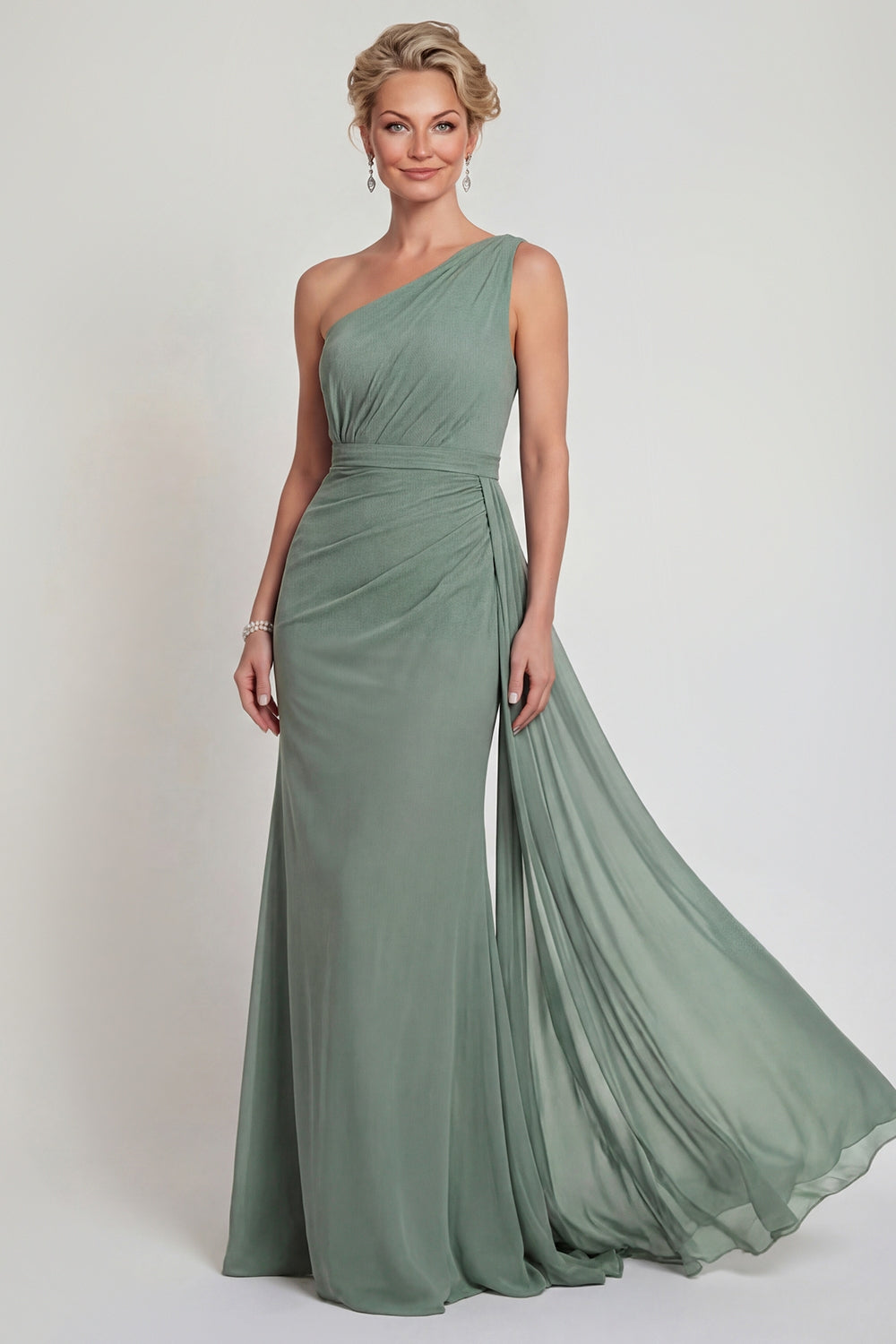 Dusty Sage One Shoulder Long Mermaid Mother of the Bride Dress
