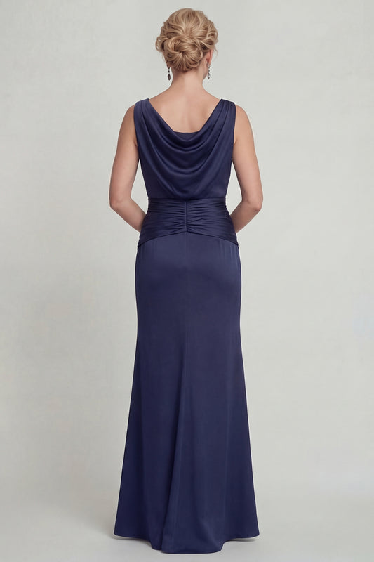 Navy Long Mermaid Bateau Neck Mother of the Bride Dress