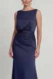 Navy Long Mermaid Bateau Neck Mother of the Bride Dress