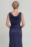 Navy Long Mermaid Bateau Neck Mother of the Bride Dress