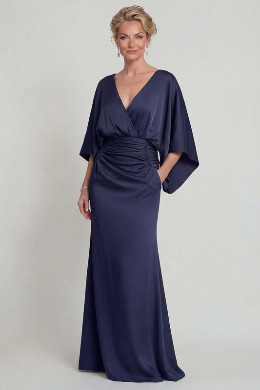 Navy Long V Neck Mermaid Mother of the Bride Dress with Sleeves