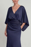 Navy Long V Neck Mermaid Mother of the Bride Dress with Sleeves
